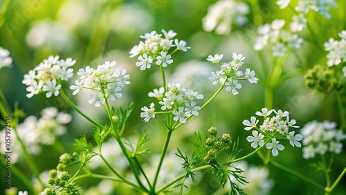 Macro Coriander flowers blooming in summer garden organic cultivation