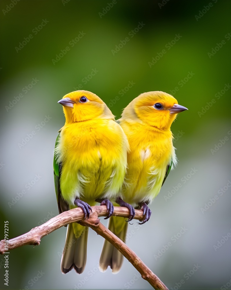 Fototapeta premium Two birds are sitting on a branch one has a yellow and green