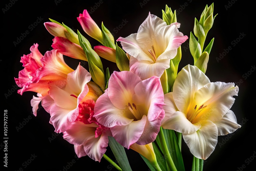 Fototapeta premium Macro detail of pink white yellow gladiolus flower isolated on black