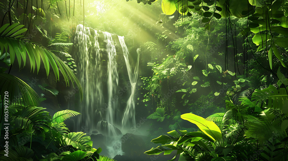 Fototapeta premium lush green foliage surrounds a misty waterfall in the heart of the jungle.