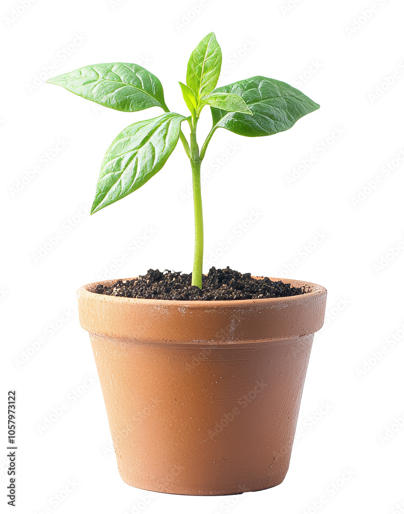 Young plant in clay pot on bright surface Young plant in clay pot on bright surface