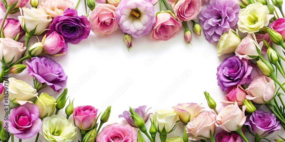 Macro floral frame or border of eustoma flowers isolated on white background Macro floral frame or border of eustoma flowers isolated on white background