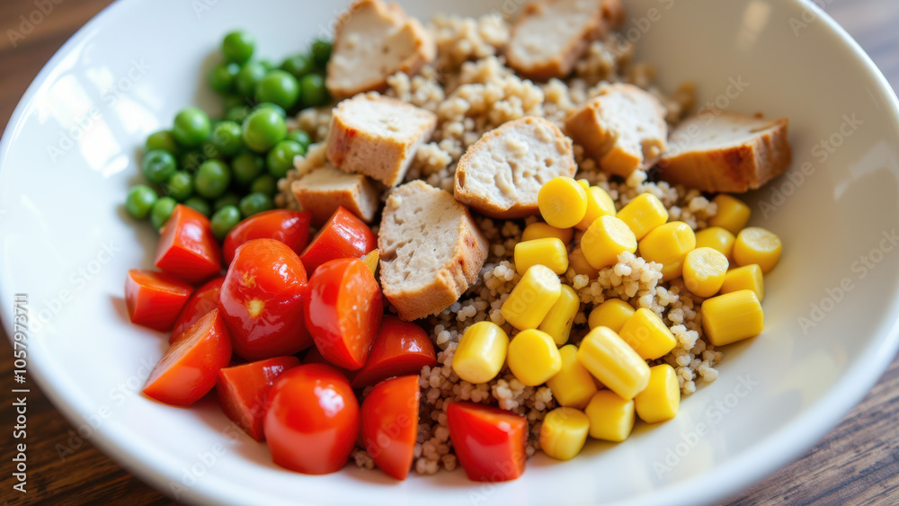 A white bowl of colorful stir fry with corn, tomatoes, peas and chicken. A white bowl of colorful stir fry with corn, tomatoes, peas and chicken.
