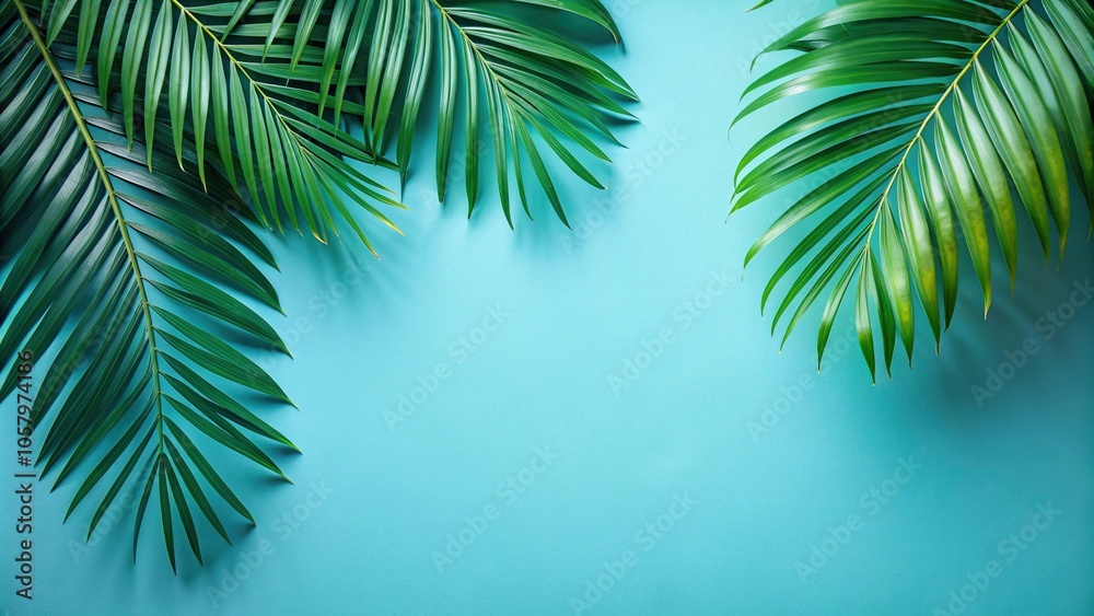 Macro lush palm leaves hanging gracefully on a light blue wall