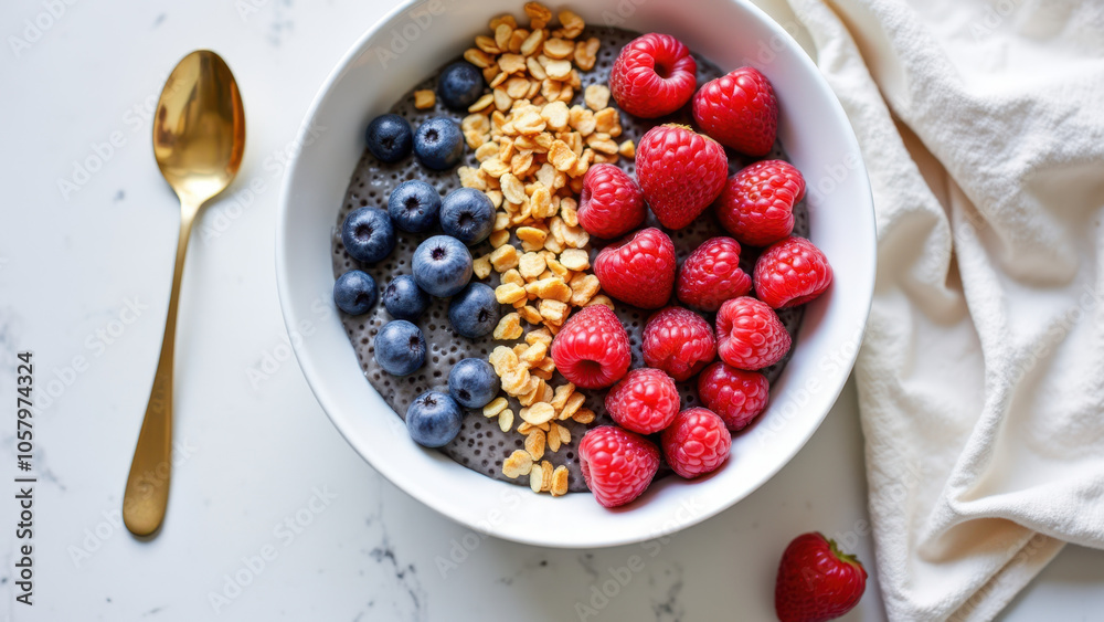 A delicious bowl of oatmeal topped with fresh berries and nuts.
