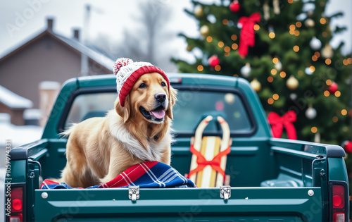 A cute golden retriever sits in the back of a pickup truck with Christmas decorations, garlands and gifts for family members. The New Year's composition, greeting card, is opened on Christmas.