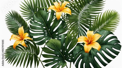 A tropical-style background with lush palm leaves and bright flowers, evoking a feeling of paradise and relaxation.