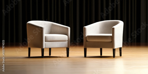 Close-up of two upholstered chairs opposite each other on stage. Creative background for an interview, podcast, blog