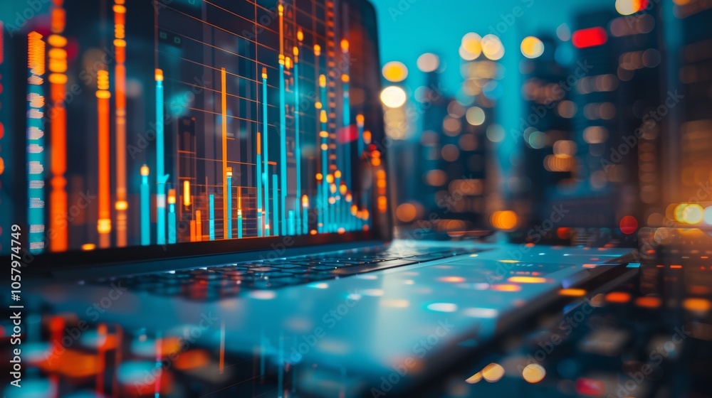 Abstract view of stock market data on laptop screen with city lights