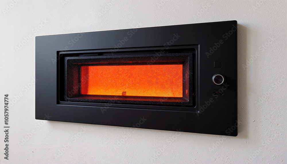 Fototapeta premium Sleek wall-mounted electric heater with a glowing flame effect in a modern setting
