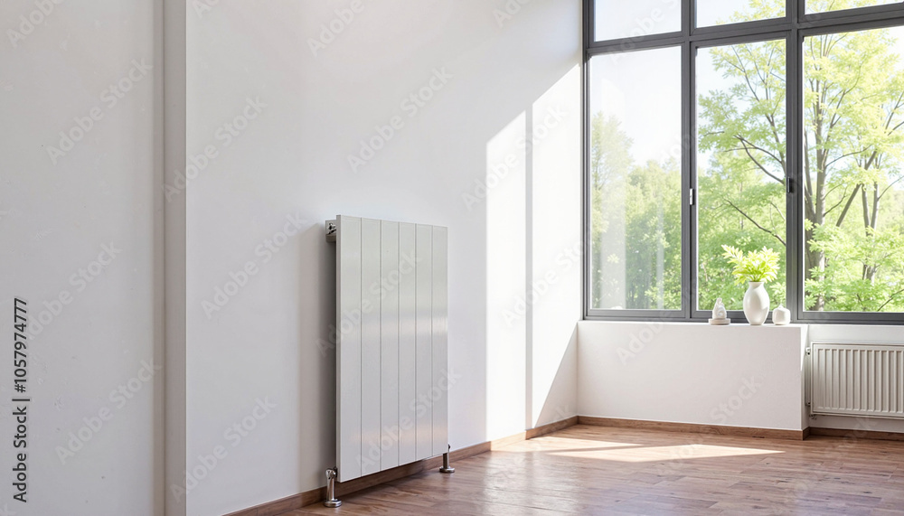 Fototapeta premium Bright room with large windows, featuring a modern white radiator and natural light