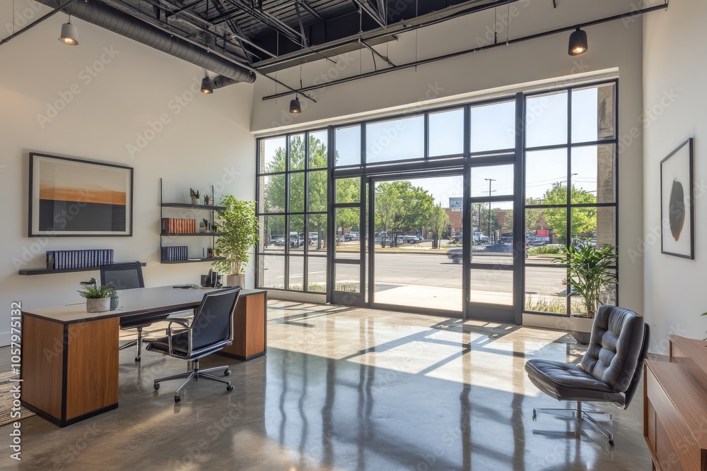 Fototapeta premium Modern office interior with large windows and a central meeting table in a bright workspace