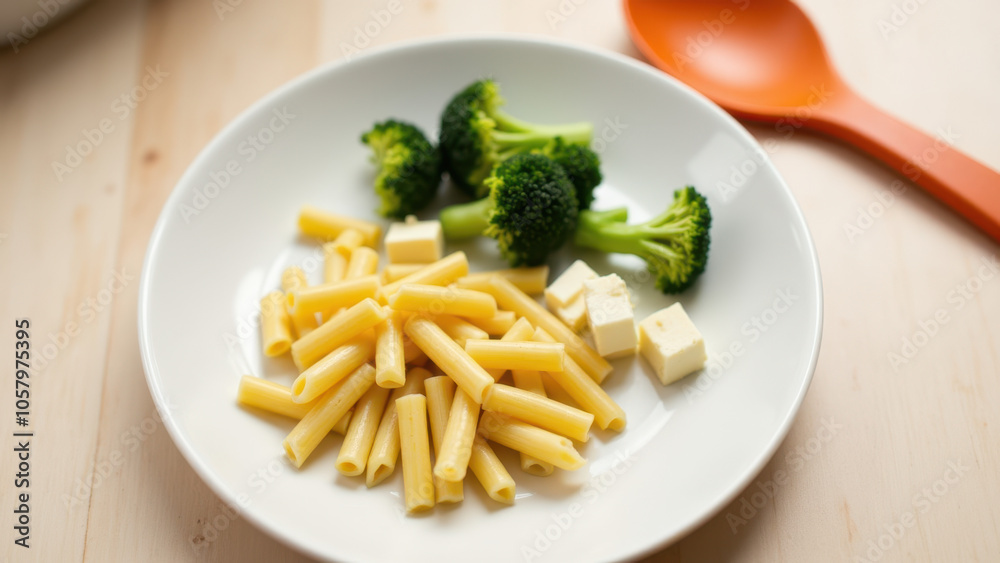 A white bowl with pasta and broccoli, placed on a wooden surface. A white bowl with pasta and broccoli, placed on a wooden surface.