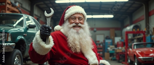 Santa Claus dressed as a mechanic, holding a large wrench in a bustling car repair workshop. The festive yet professional vibe highlights a blend of holiday cheer and skilled craftsmanship.

 photo