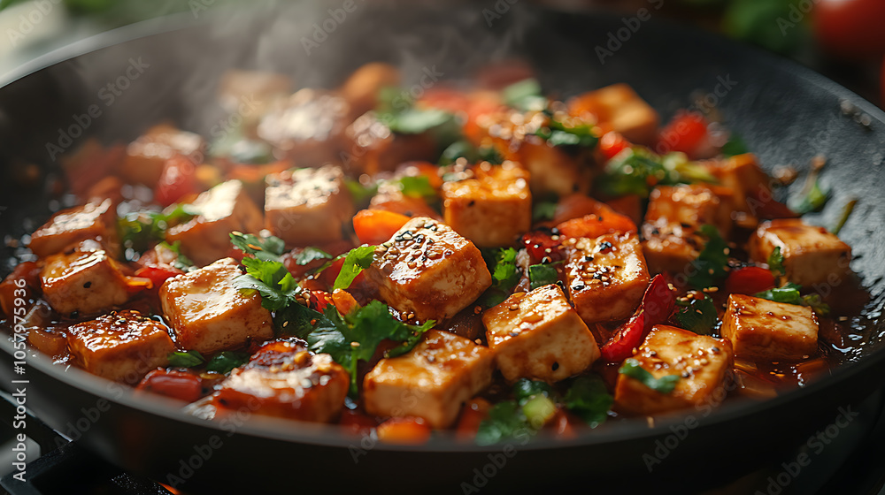 Close-up of tofu cubes being stir-fried in a wok with colorful vegetables
