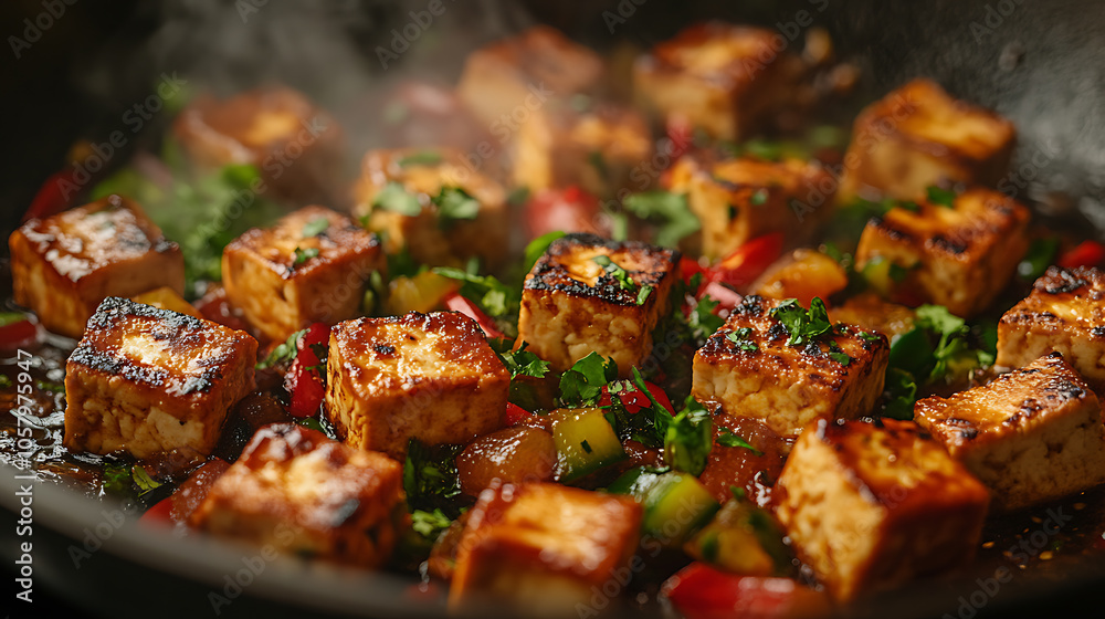 Close-up of tofu cubes being stir-fried in a wok with colorful vegetables