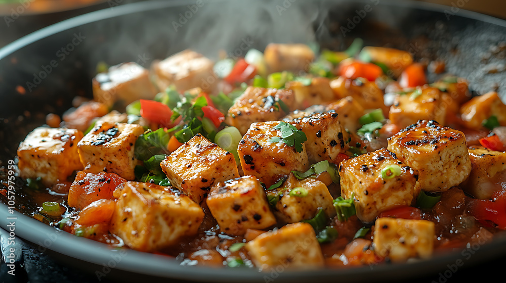 Close-up of tofu cubes being stir-fried in a wok with colorful vegetables