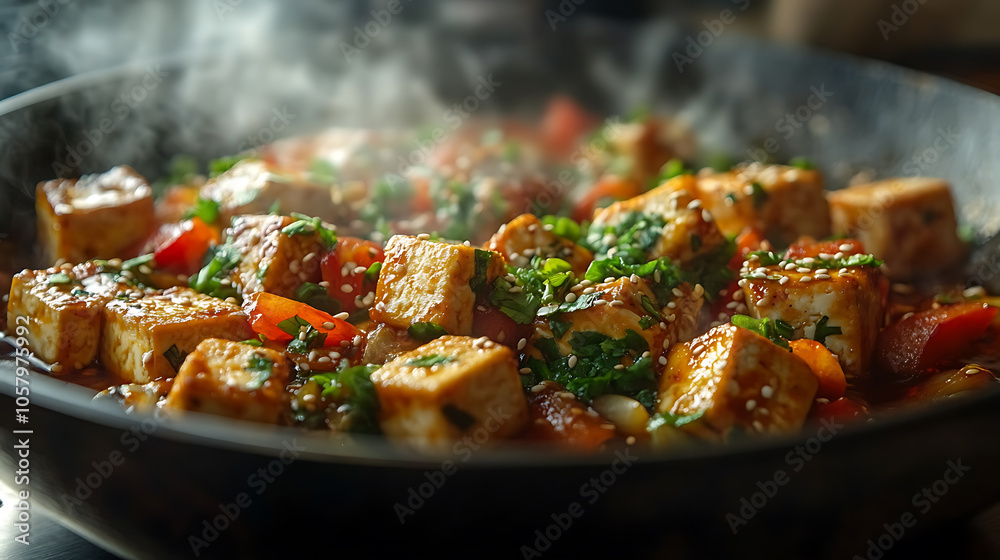 Close-up of tofu cubes being stir-fried in a wok with colorful vegetables