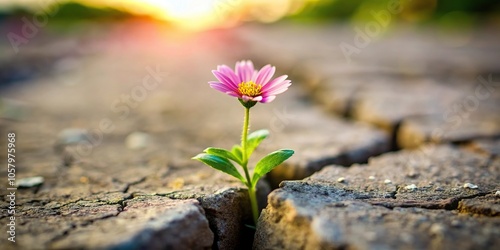 Macro resilient flower growing out of crack in ground