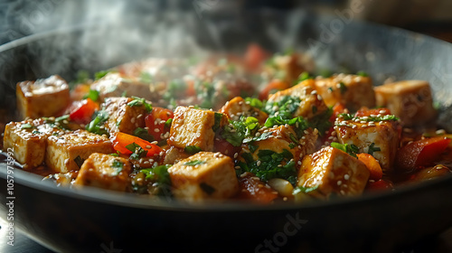 Obraz na płótnie Close-up of tofu cubes being stir-fried in a wok with colorful vegetables w salonie