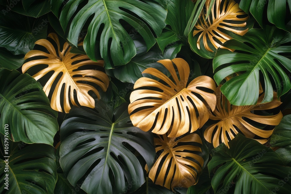 Obraz premium Lush tropical leaves arranged on a gleaming gold background for decorative purposes