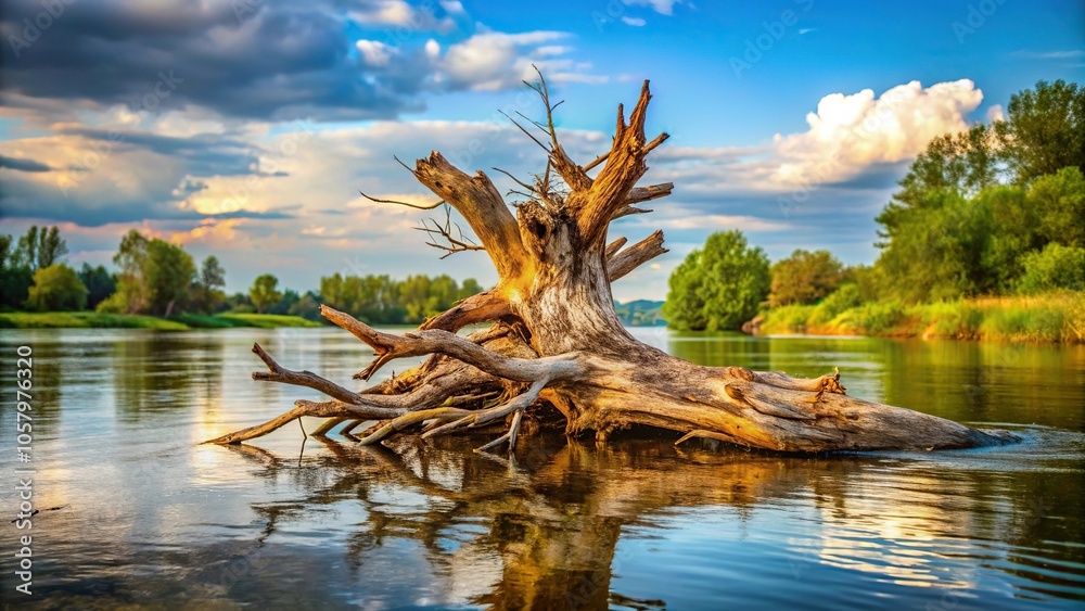 Macro shot of a dead tall tree in a river dam Macro shot of a dead tall tree in a river dam