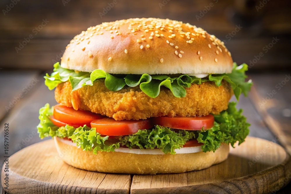 Macro shot of a mouthwatering golden crispy panko breaded fish burger on a white bun Macro shot of a mouthwatering golden crispy panko breaded fish burger on a white bun