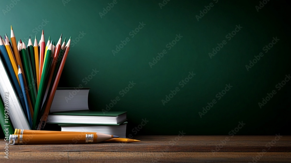 A stack of books and colored pencils on a wooden table in front of a green chalkboard. A stack of books and colored pencils on a wooden table in front of a green chalkboard.