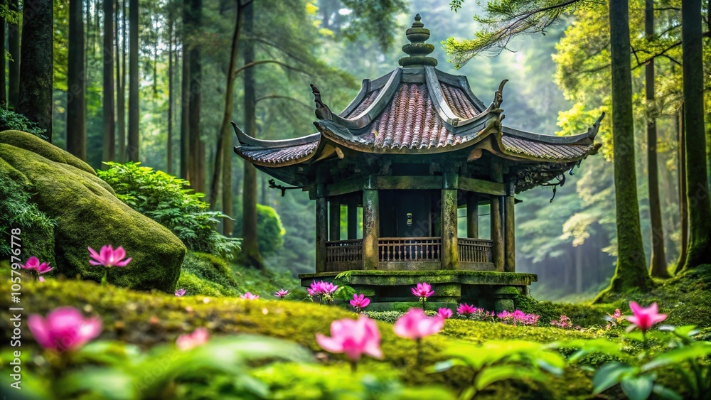 Macro shot of ancient metal temple surrounded by forest elements and nature with flower background Macro shot of ancient metal temple surrounded by forest elements and nature with flower background