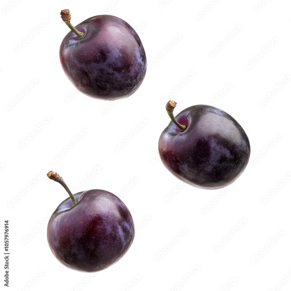 Fototapeta premium Fresh plums arranged on a white background