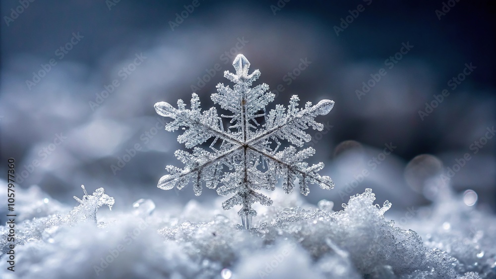 Macro shot of intricate snowflake crystal against grey winter sky high angle Macro shot of intricate snowflake crystal against grey winter sky high angle