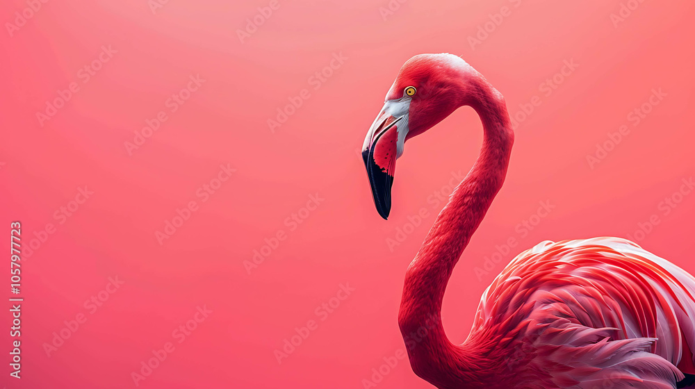 Fototapeta premium A beautiful flamingo with pink feathers and a yellow beak stands in a pink background. The flamingo is looking to the left of the frame.