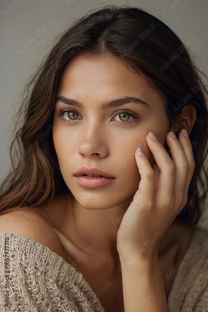 A captivating portrait of a beautiful woman, her hands gently resting beneath her chin in a delicate pose. Her expressive eyes and serene smile create an enchanting and inviting aura. A captivating portrait of a beautiful woman, her hands gently resting beneath her chin in a delicate pose. Her expressive eyes and serene smile create an enchanting and inviting aura.