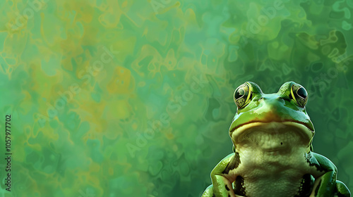 A green frog sits on a lily pad in a pond. The frog is looking at the camera. The background is a blur of green and yellow. photo