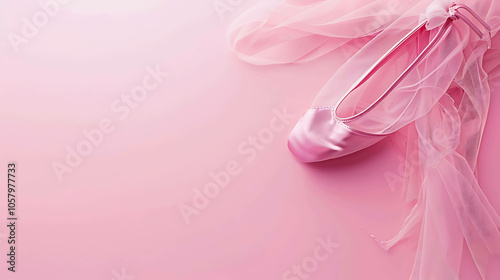 Delicate pink ballet slipper and tutu on a pink background.