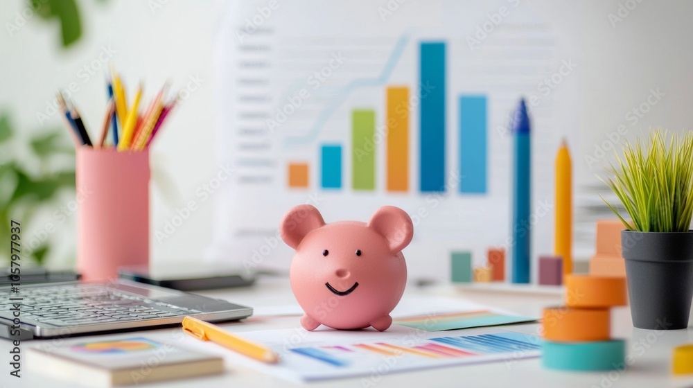 Piggy bank on desk with colorful charts and office supplies Piggy bank on desk with colorful charts and office supplies