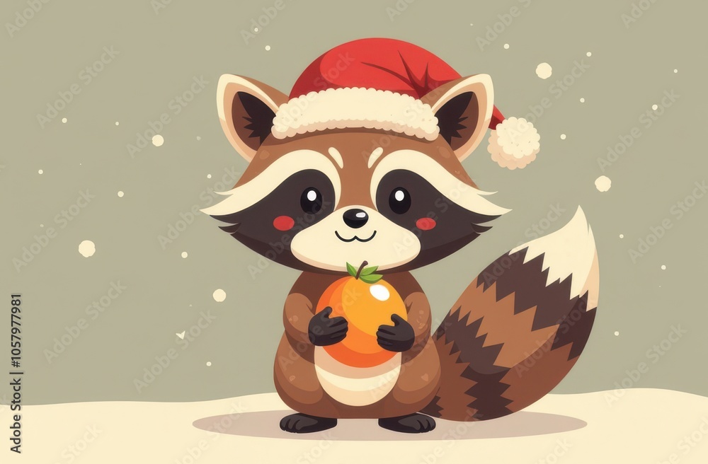 Obraz premium Illustration of cute raccoon in christmas hat holding an orange on winter background. Christmas and new year card concept
