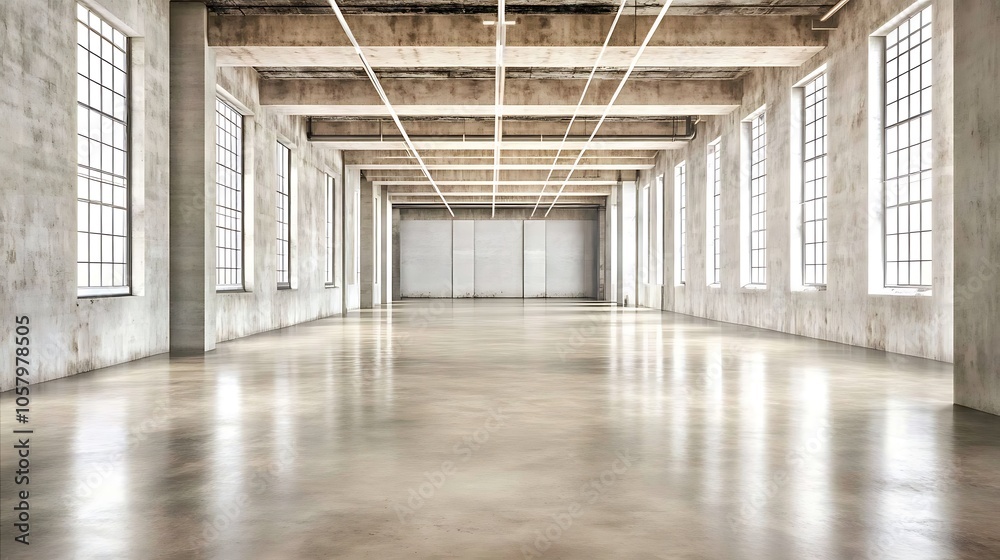 Modern Minimalistic Concrete Coworking Office room with Blank Walls, High Ceilings,and Mockup Frame Modern Minimalistic Concrete Coworking Office room with Blank Walls, High Ceilings,and Mockup Frame