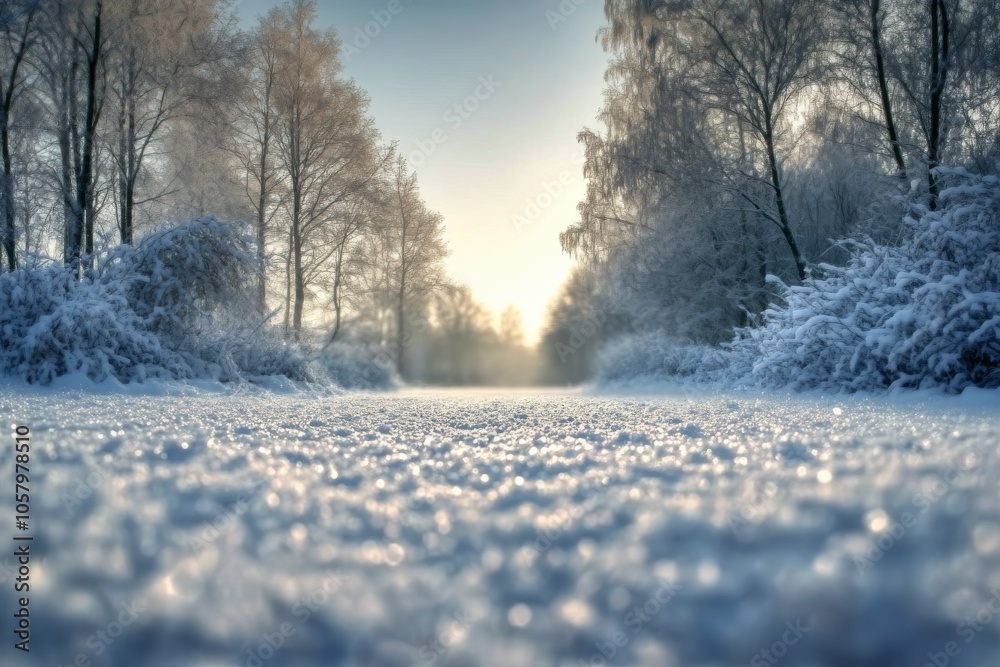 Snow covered path lined with trees during early morning light in winter Snow covered path lined with trees during early morning light in winter
