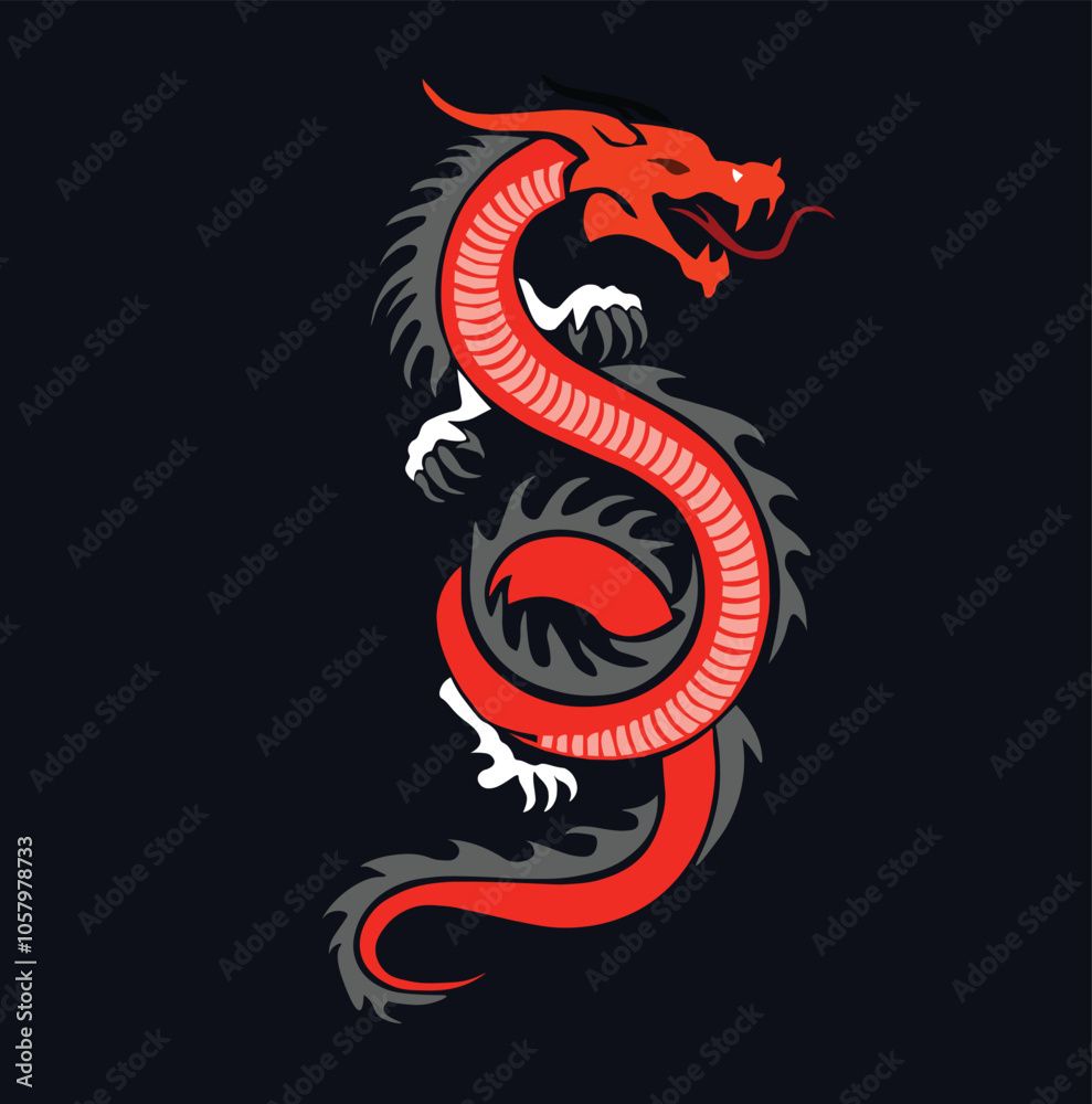 Fototapeta premium A bold and intricate black and gray tribal-style dragon tattoo design. The dragon is depicted with sharp details and a fierce expression, making it perfect for tattoo enthusiasts or as a striking desi