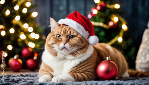 A festive cat wearing a Santa hat rests comfortably by a decorated Christmas tree with twinkling lights and ornaments during the holiday season photo