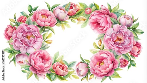Macro watercolor pink flowers floral wreath with peony flowers