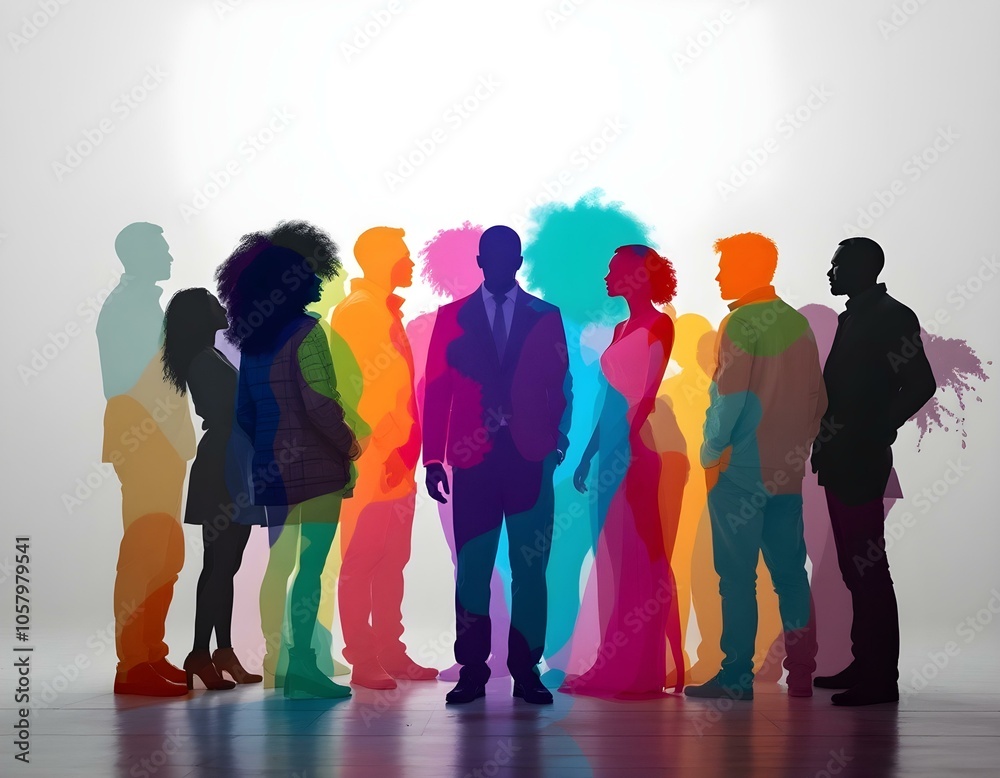 Naklejka premium Diverse Group of People in Vibrant Color Outlines: Symbolizing Harmony in Diversity on a Neutral Gradient Background
