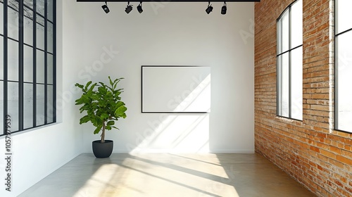 Modern Minimalistic Concrete Coworking Office room with Blank Walls, High Ceilings,and Mockup Frame