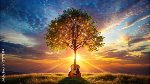 Fototapeta Naklejka Na Ścianę i Meble -  Magical guitar tree glowing at sunset
