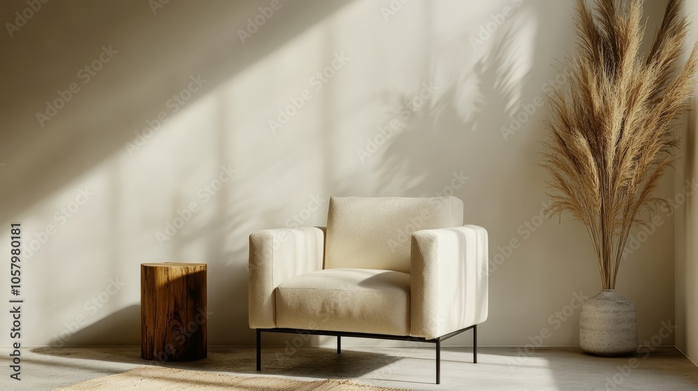 Modern Minimalist Living Room with Potted Plant and Cozy Armchair Modern Minimalist Living Room with Potted Plant and Cozy Armchair