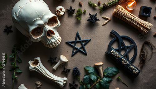 Witchcraft flta lay composition with human skull, bones, herbs and pentagram symbol. Halloween and occult concept, black magic ritual. Copy space isolated with white highlights, png photo