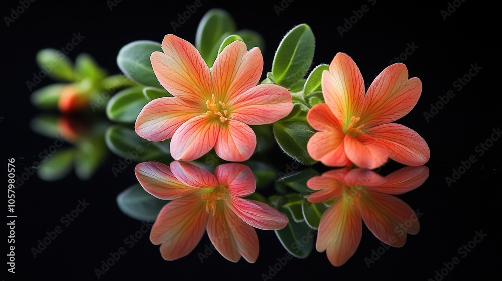 Vibrant Flowers in Reflection on Dark Surface Vibrant Flowers in Reflection on Dark Surface
