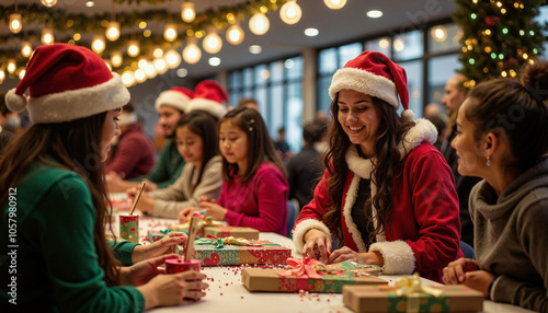 Volunteers host a lively community holiday event, featuring games, music, and gifts for families. This celebration brings neighbors and friends together, creating a joyful and festive atmosphere photo