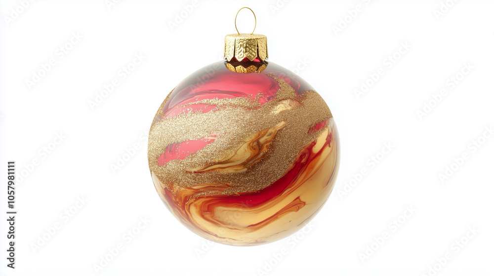 Golden and red marble Christmas ornament on a Christmas tree. Golden and red marble Christmas ornament on a Christmas tree.